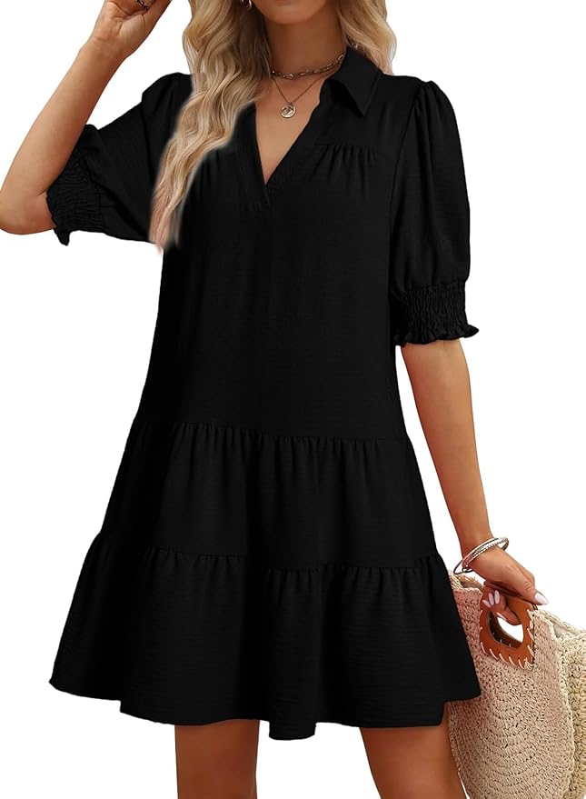 Dokotoo Lapel Collared V Neck Pleated Midi Dress
